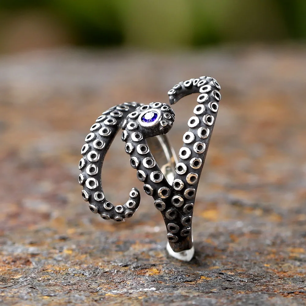 Fashion Men Rings WIth Blue Zircon Stainless Steel Vintage Octopus Style Irregular Pattern Trendy Accessories For Man Women Gift