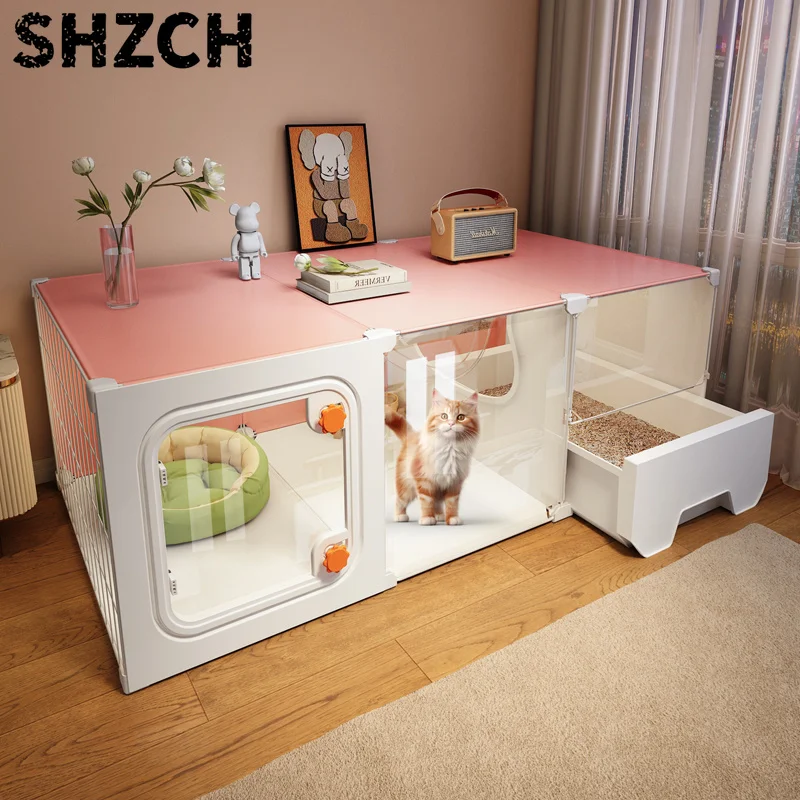 Extra Großer Katzenkäfig mit Toilette All-in-One Katzenhaus Indoor Haustier-Villa Platzsparend