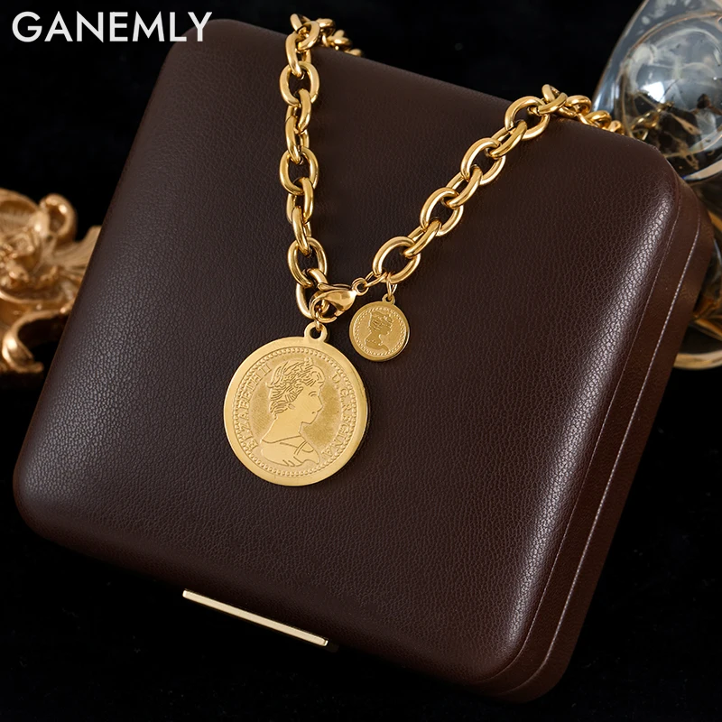 GANEMLY 316L Stainless Steel Coin Portrait Pendant Necklace For Women New 18K Gold Plated Neck Chain Waterproof Jewelry Gift