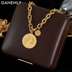 GANEMLY 316L Stainless Steel Coin Portrait Pendant Necklace For Women New 18K Gold Plated Neck Chain Waterproof Jewelry Gift