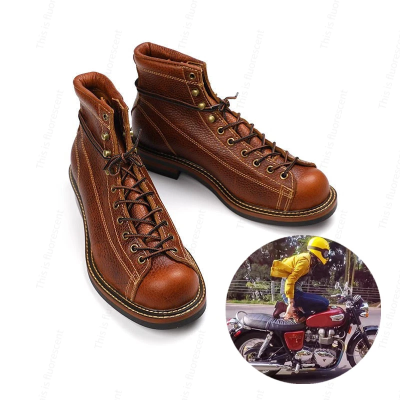 Retro Color-blocked High-top Round-toe Motorcycle Riding Shoes for Men and Women Martin Paratrooper Boots Cowhide Short Boots