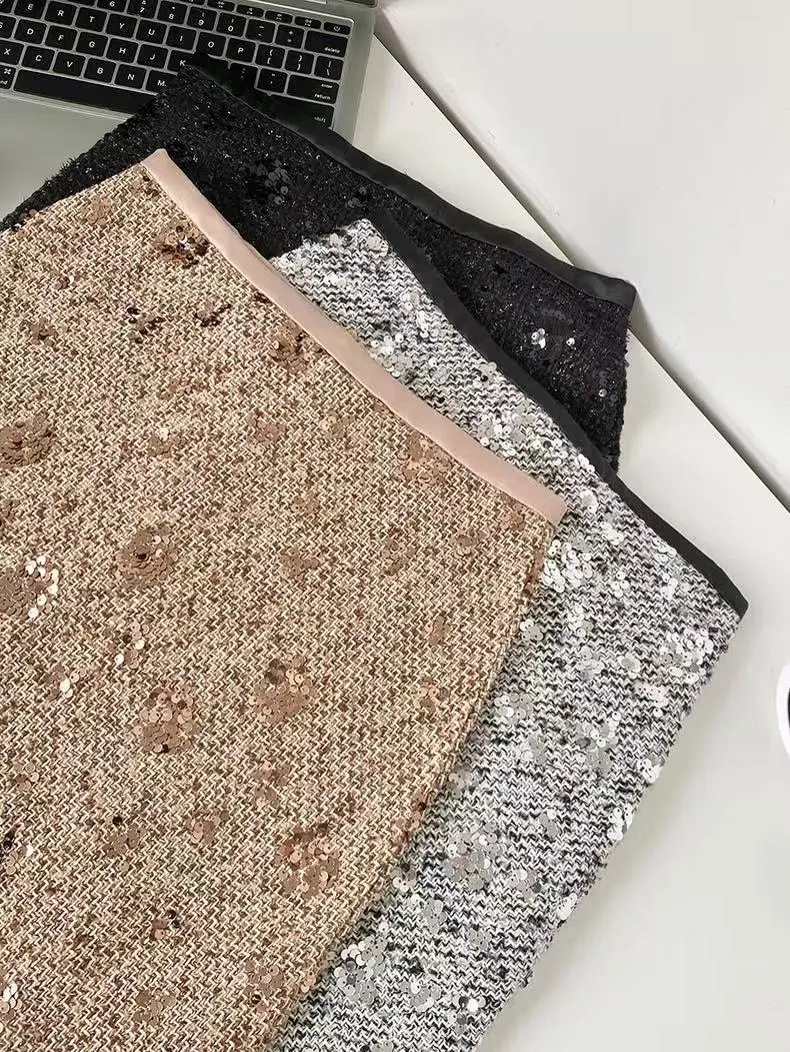 Christmas Red Women's Bling Tweed Pencil Skirt With Sequins Autumn Winter Slim Sexy Nigh Club Mini Short Skirts Woman