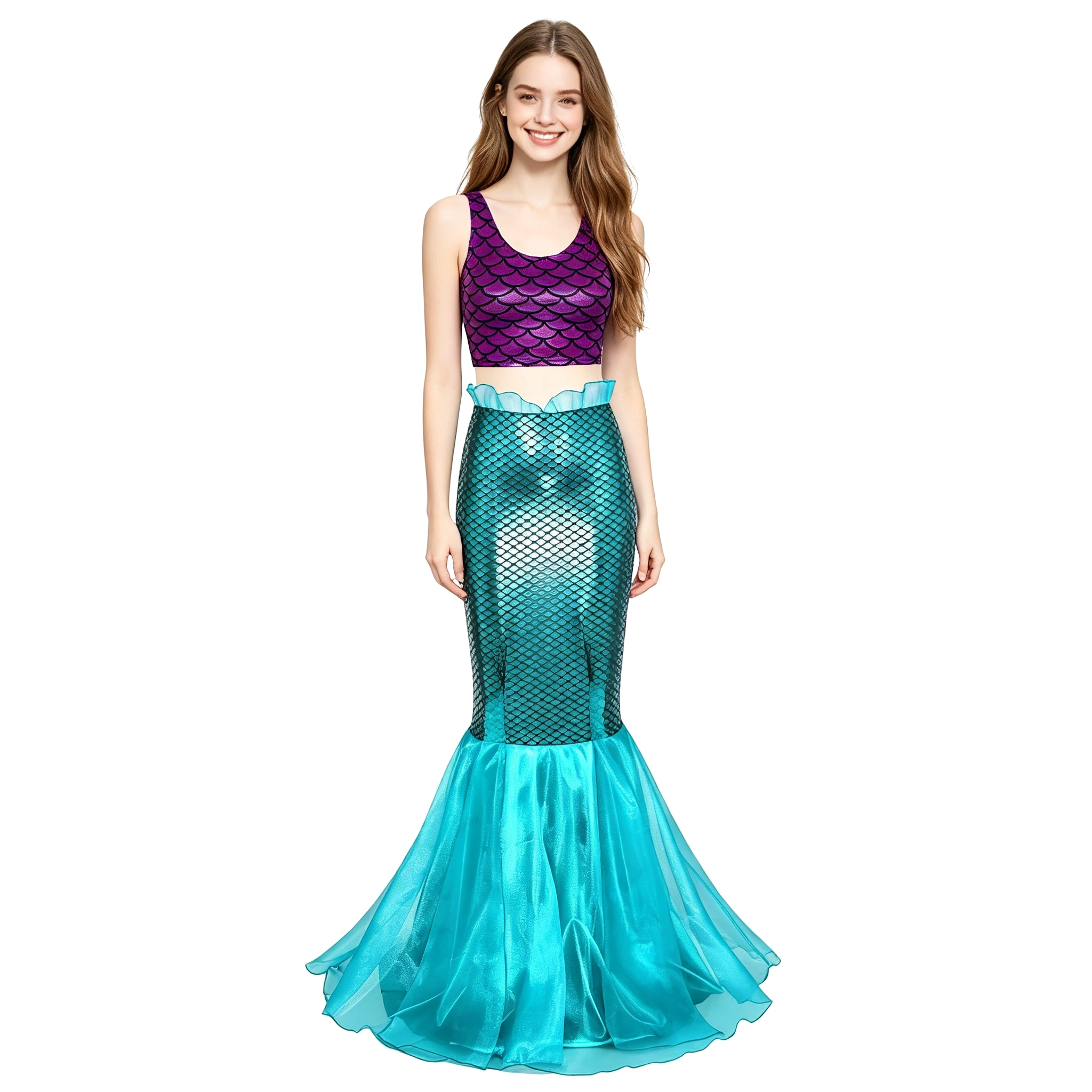 

Womens Mermaid Costume Mermaid Princess Cosplay 2 Piece Outfit Fish Scale Print Metallic Crop Tank Top with Tulle Fishtail Skirt