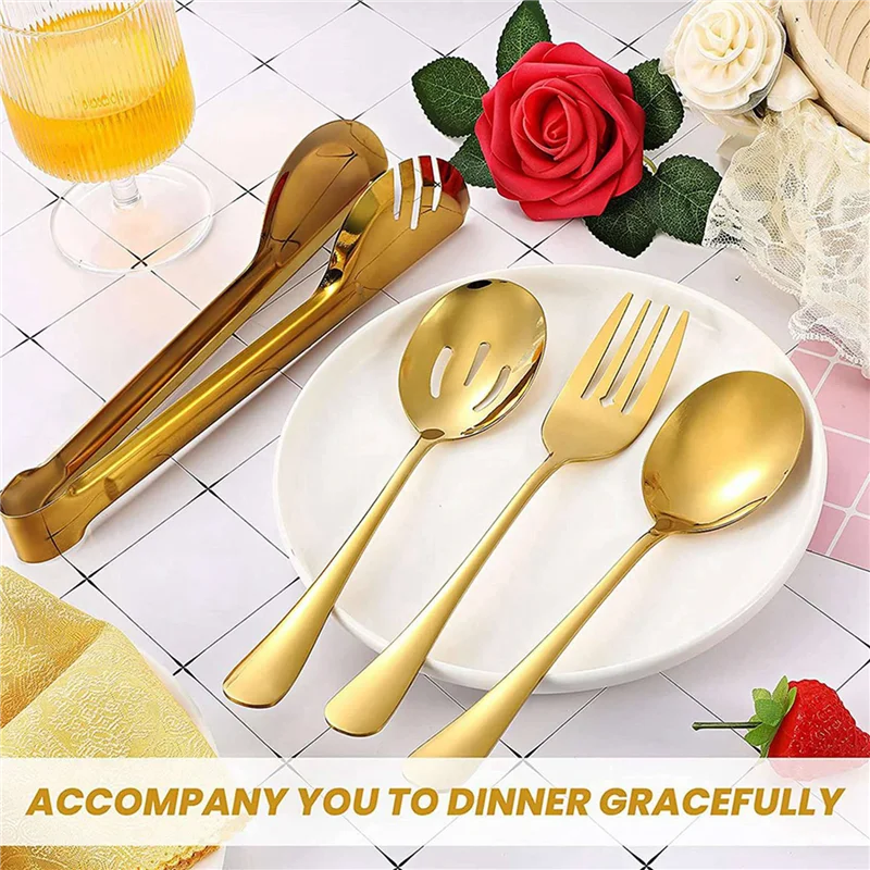 

ABAH-Stainless Steel Flatware Serving Utensils Large Serving Spoon Set Of For Kitchen (Gold,16 Pieces)