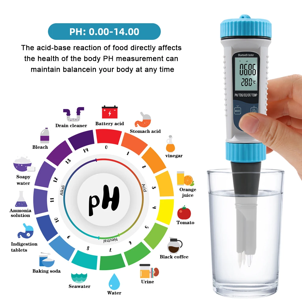 

Multi-Functional Water Quality Tester PH/EC/CF/Temp/TDS Meter APP Control Digital BT PH Meter For Drinking Water Pool Aquarium