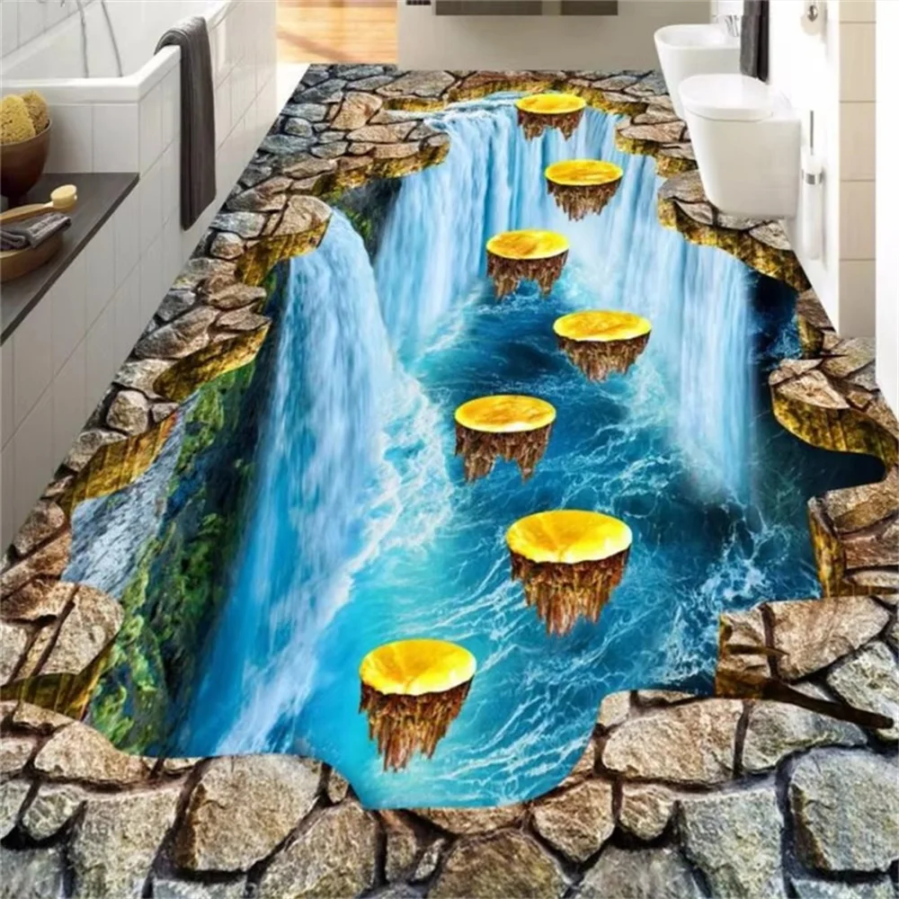 Custom floor painting 3d stream water cobblestone goldfish bathroom bedroom floor large-scale thrilling gold plum pile flooring