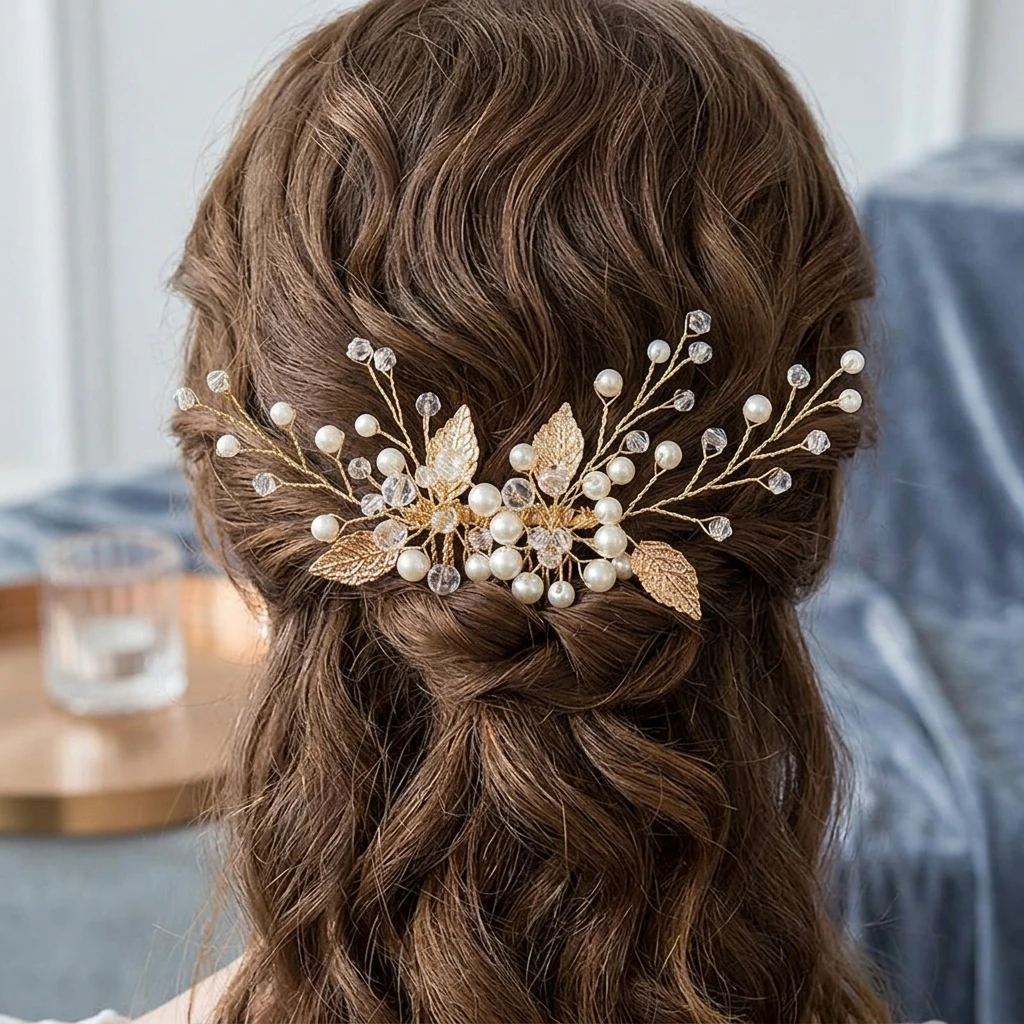 

Crystal Pearl Leaf Bridal Hair Comb Hand Beaded Wedding Headpiece Secure Teeth Lightweight Accessory For Bride Bridesmaid