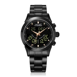 Al-Harameen Azan Watch for Muslim Prayer with Qibla Stainless Steel Sappire Crystal Japan Movements Man Shiny Black Color