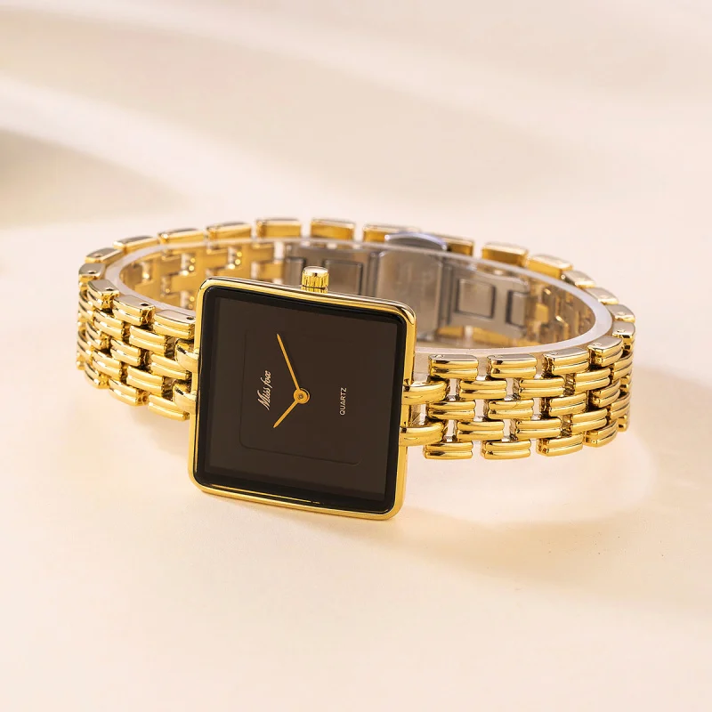 Official brand of free shipping Top-Selling Product Fashion Simple Golden Black Square Quartz CoupleExquisite women's watch