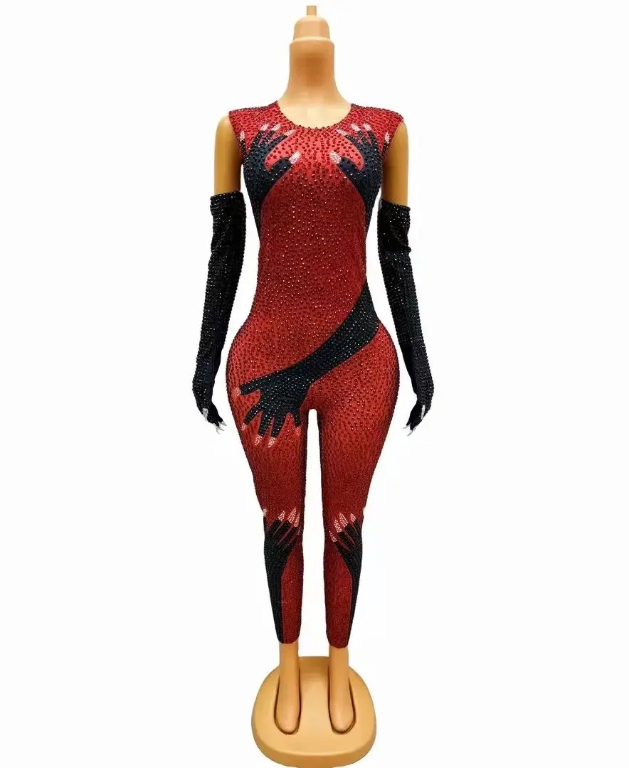 Red Black Full Rhinestones Bodysuit Evening Birthday Celebrate Sexy Stretch Jumpsuit Gloves Outfit Dance Performance Costume