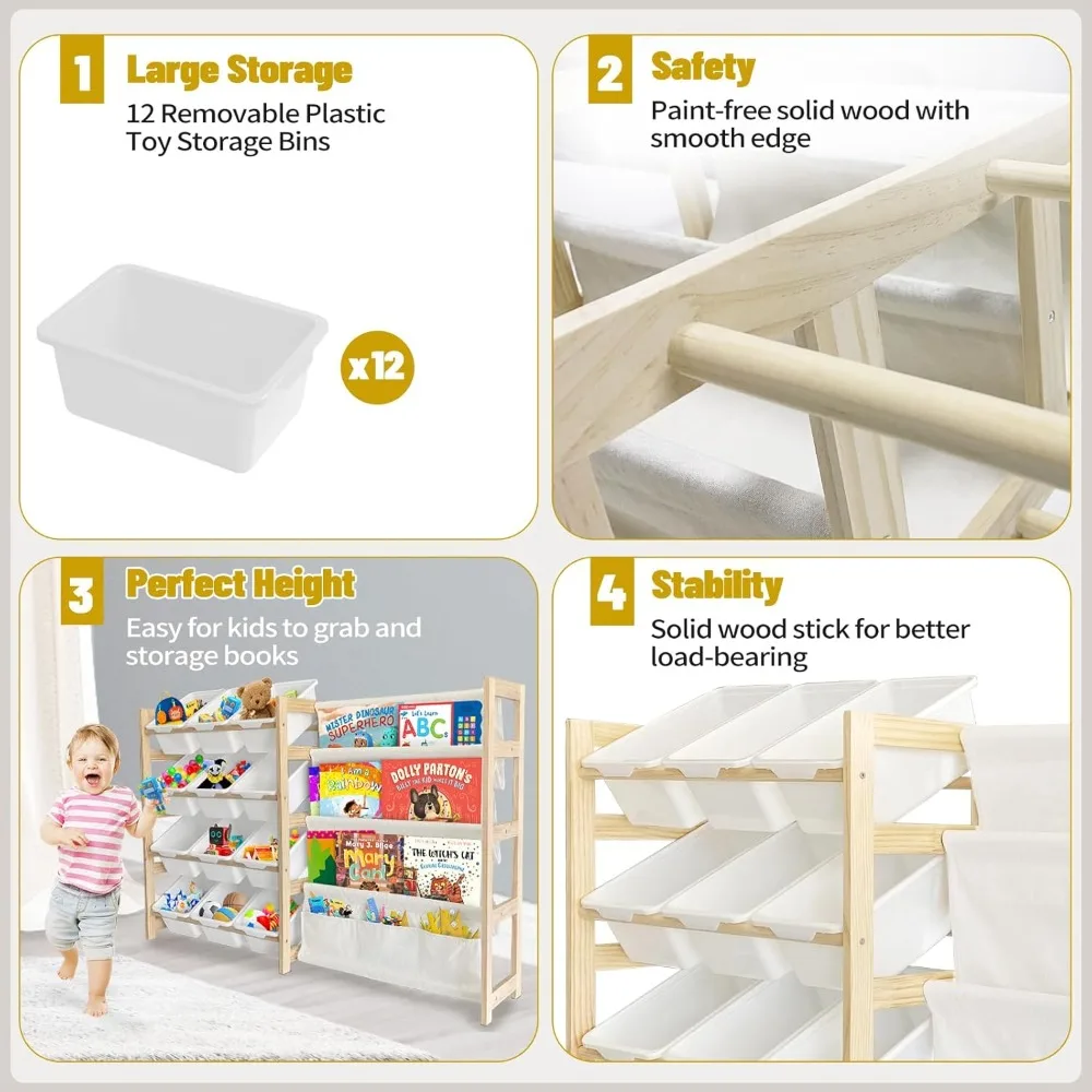 منظم تخزين الألعاب والكتب من 4 طبقات مع 12 صندوقًا لغرفة ألعاب الأطفال #6