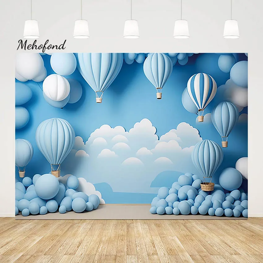 Mehofond Hot Air Balloon Photography Backdrop Dreamy Blue Sky Clouds Photo Background Newborn Baby Cake Smash Decoration Studio