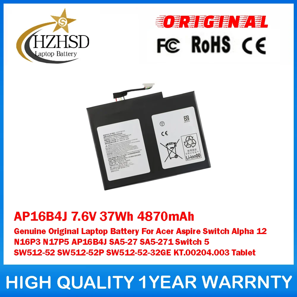 

AP16B4J 7,6 В 37 Втч 4870 мАч Оригинальный аккумулятор для ноутбука Acer Aspire Switch Alpha 12 N16P3 N17P5 AP16B4J SA5-27 SA5-271