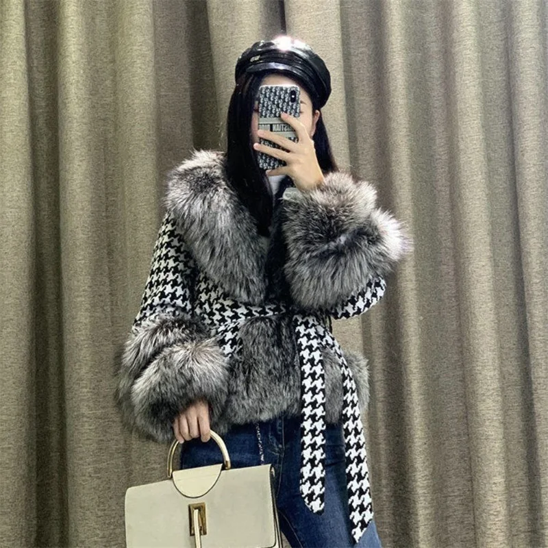 2022 Musim Gugur Musim Dingin Wanita Baru Houndstooth Kerah Bulu Besar Imitasi Mantel Bulu Rubah Wanita Temperamen Pendek Slim Fit Jaket Bulu