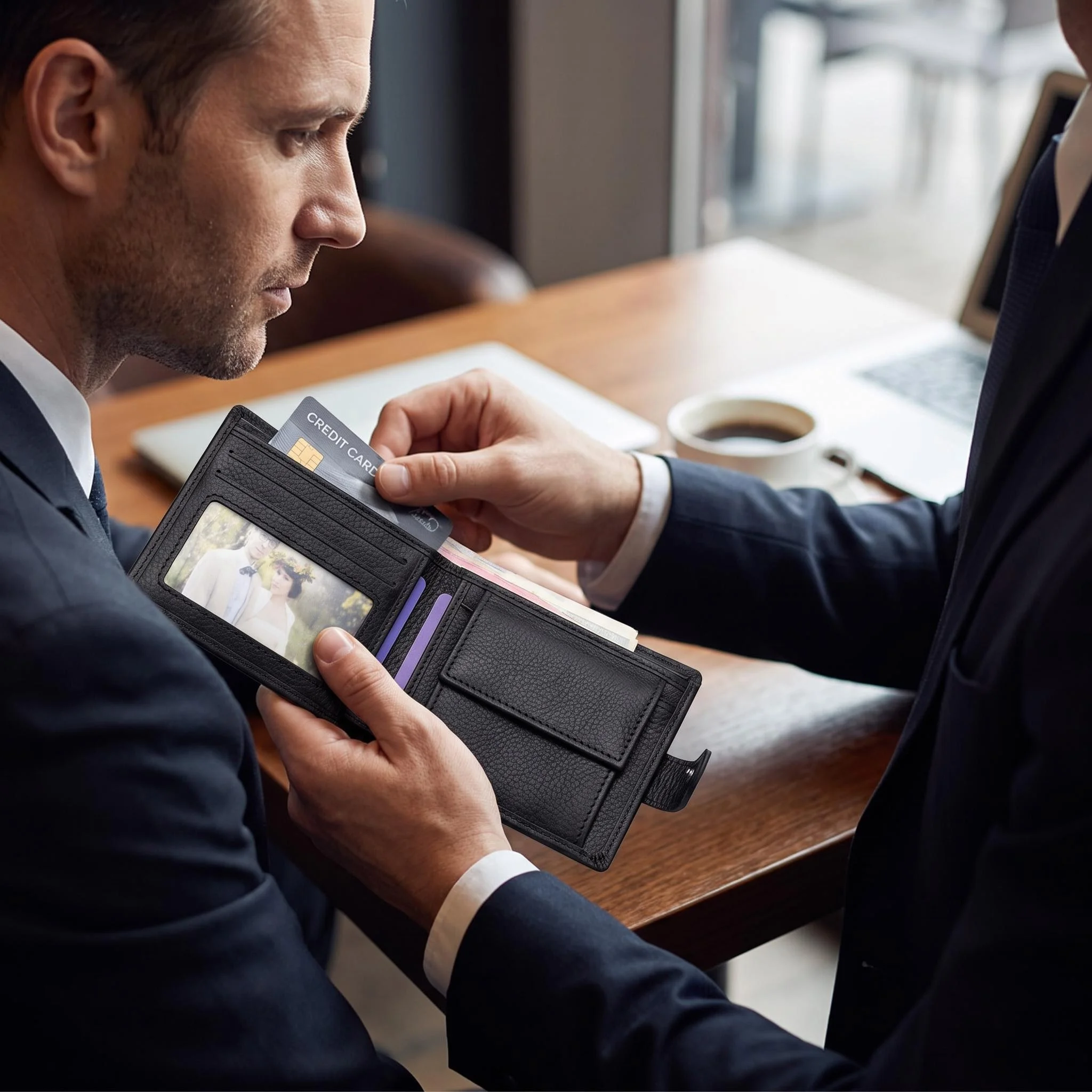 Business-Style Echtleder-Geldbörse für Herren mit mehreren Kreditkartenfächern, RFID-Anti-Scan-Schutz, internem Reißverschlussfach für Geldscheine, Münzfach und Münzbörse. Ein perfektes Geschenk für Vater, Ehemann oder – Detail 7