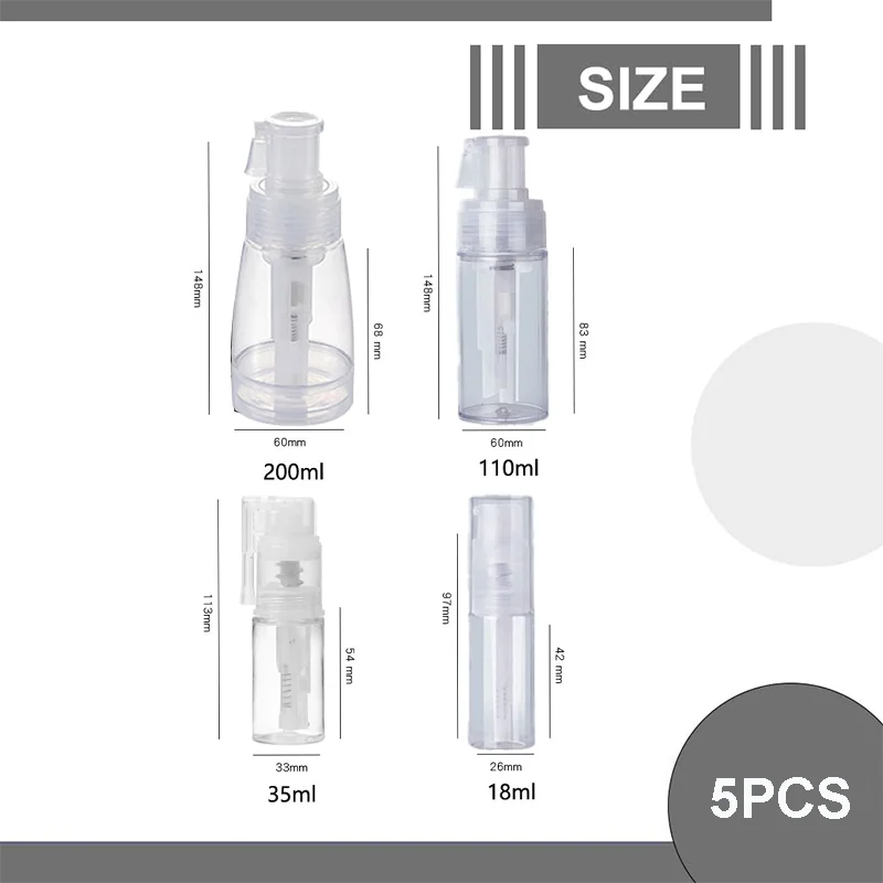 5pcs 18ml/35ml/110ml/200ml Powder Spray Bottles Portable Shampoo Powder Dispenser Dry Dispensing Travel Reusable Spray Bottles