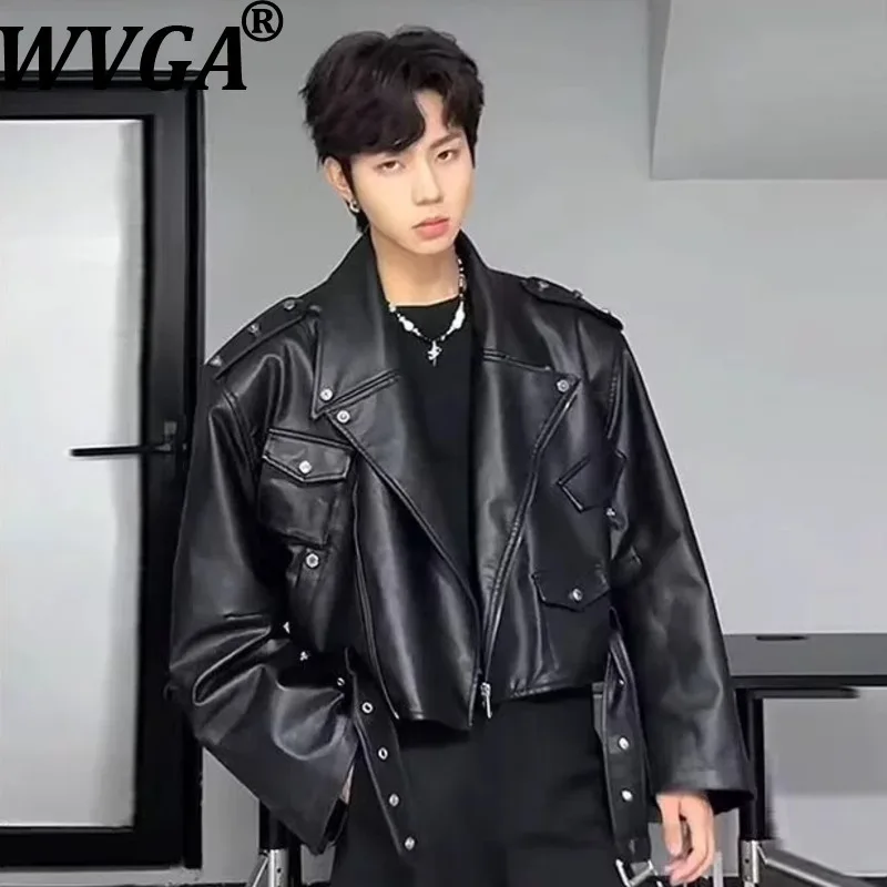 

WVGA Осенне-зимняя новая мужская модная короткая кожаная куртка в стиле пэчворк, нишевая шикарная повседневная куртка из искусственной кожи с отложным воротником, пальто Ins Y2K W15292