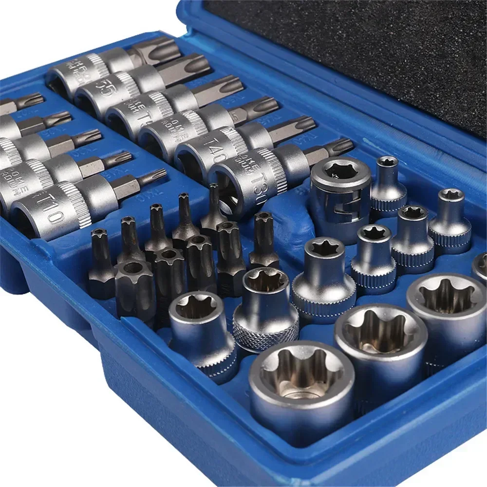 34Pcs Torx Star Sockets & Bit Set E-Security Bits Drive Handheld Tool Torque Star Blue Automotive Socket Repair Combination Set