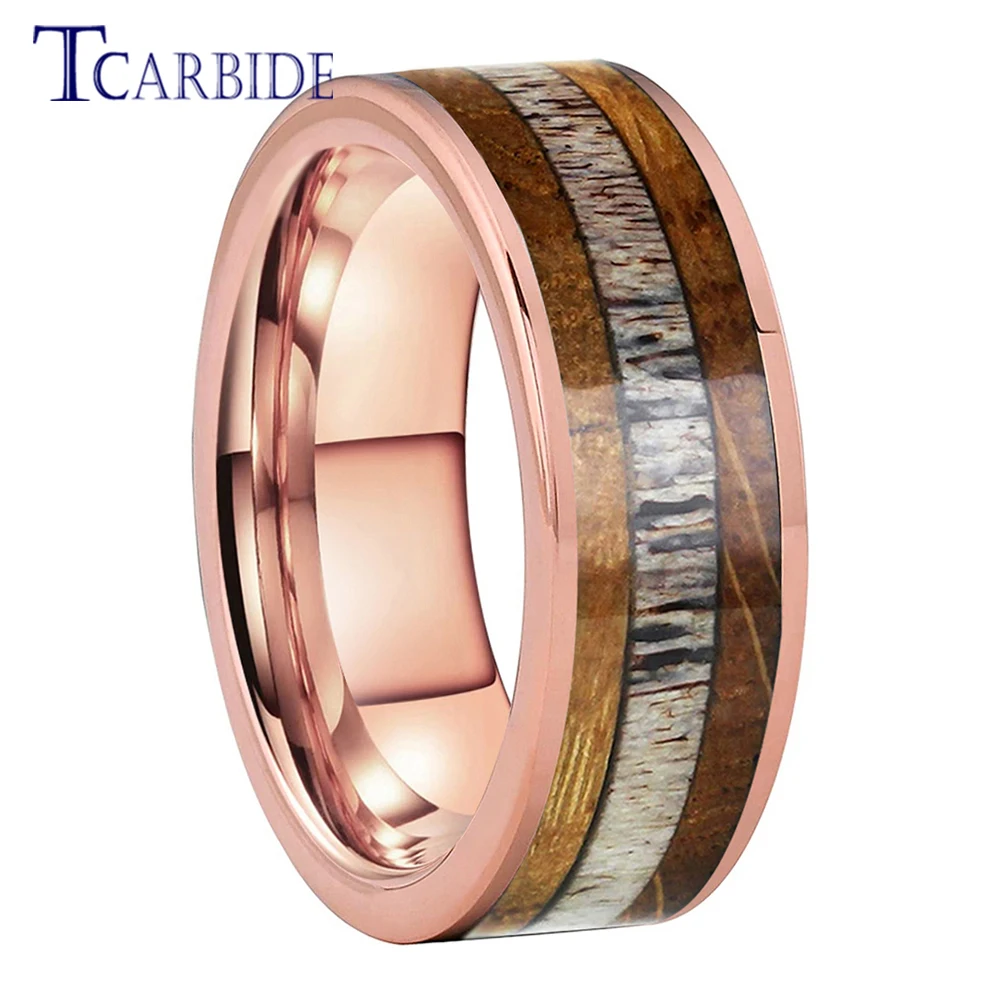 

TCarbide 8mm Pipe Cut Rose Wedding Band Men Women Tungsten Carbide Ring With Wishkey Barrel Wood Deer Antler Inlay Comfort Fit