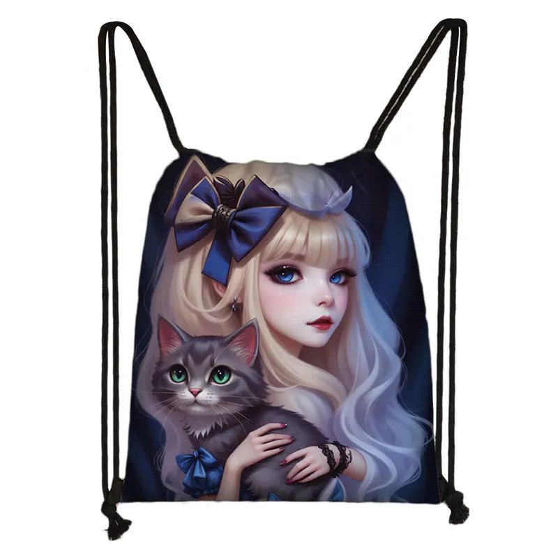 Fantasy Witch Black Cat Pattern Drawstring Bag Fairy Gothic Girl Storage Bags Women Book Bag for Travel Casual Shoes Holder