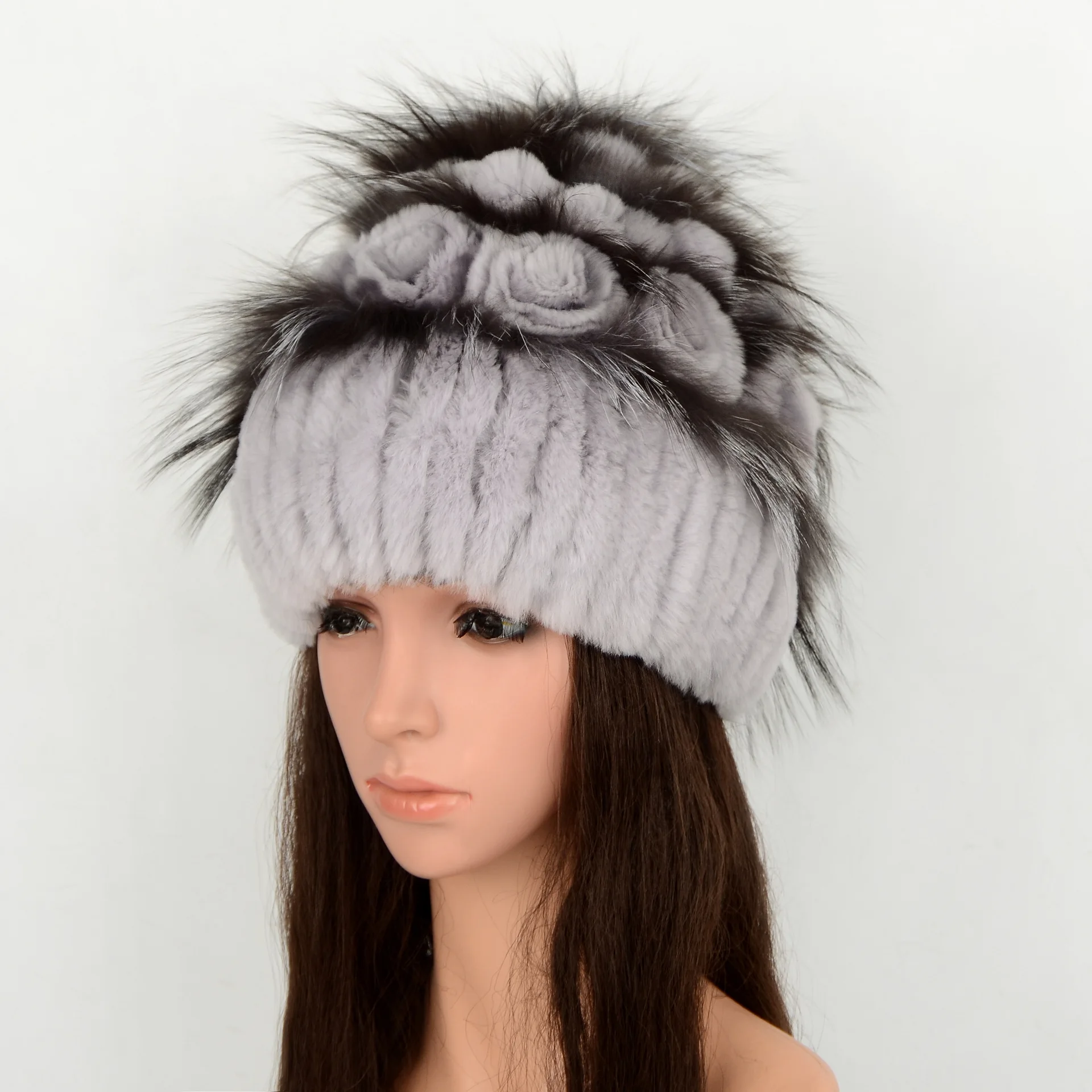 Natural Rex Rabbit Fur Beanie Hat for Women Warm Thick Hand Knitted Autumn Winter Adjustable Travel Casual Custom Fit