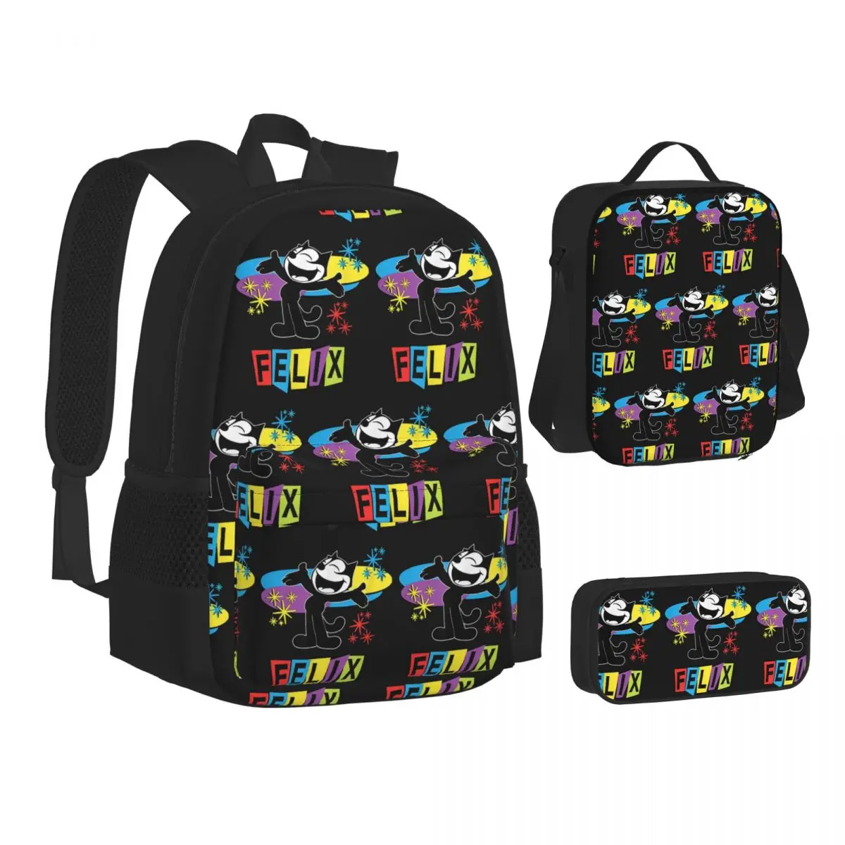 Felix The Cat Cartoon Backpacks Boys Girls Bookbag School Bags Kids Rucksack Lunch Bag Pen Bag Three-Piece Set