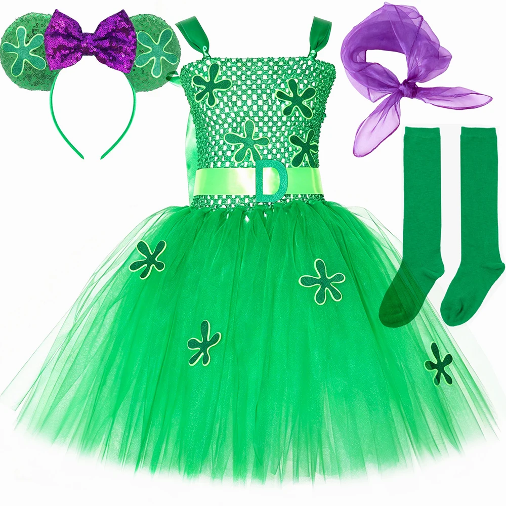 Cartoon Movie Disgust Costume Kids Green Tulle Princess Tutu Dress for Girls Halloween Carnival Holiday Party Dress Up Outfits