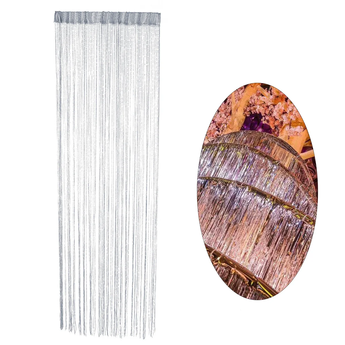 

1pc 2M x 1M Door String Curtain Panel Wall Window Room Divider Tassel Curtain for Home Decoration (Silver)