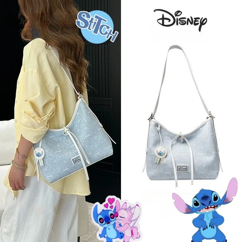 

Disney Cute Cartoon Stitch Girl's New Simple and Fashionable Large Capacity Storage Tote One Shoulder Crossbody Denim Bag Gift