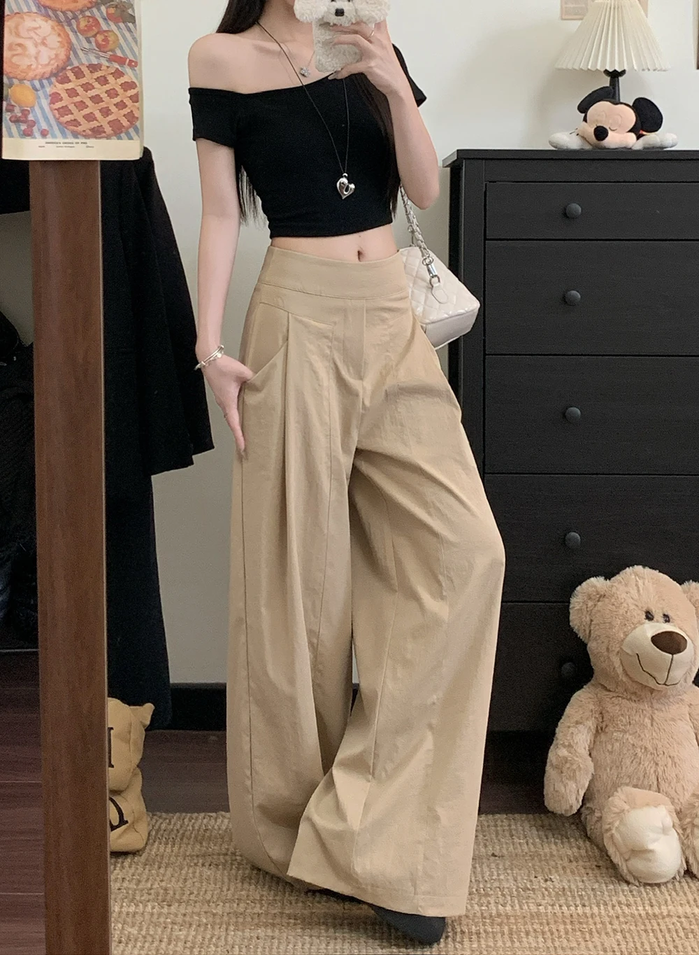 Broek met wijde pijpen Curvy Dames Zomer Sneldrogend Gesplitst Regular-Fit Kawaii Westerse stijl Modaal Trekkoorden Sjerpen Flowy Washed OL