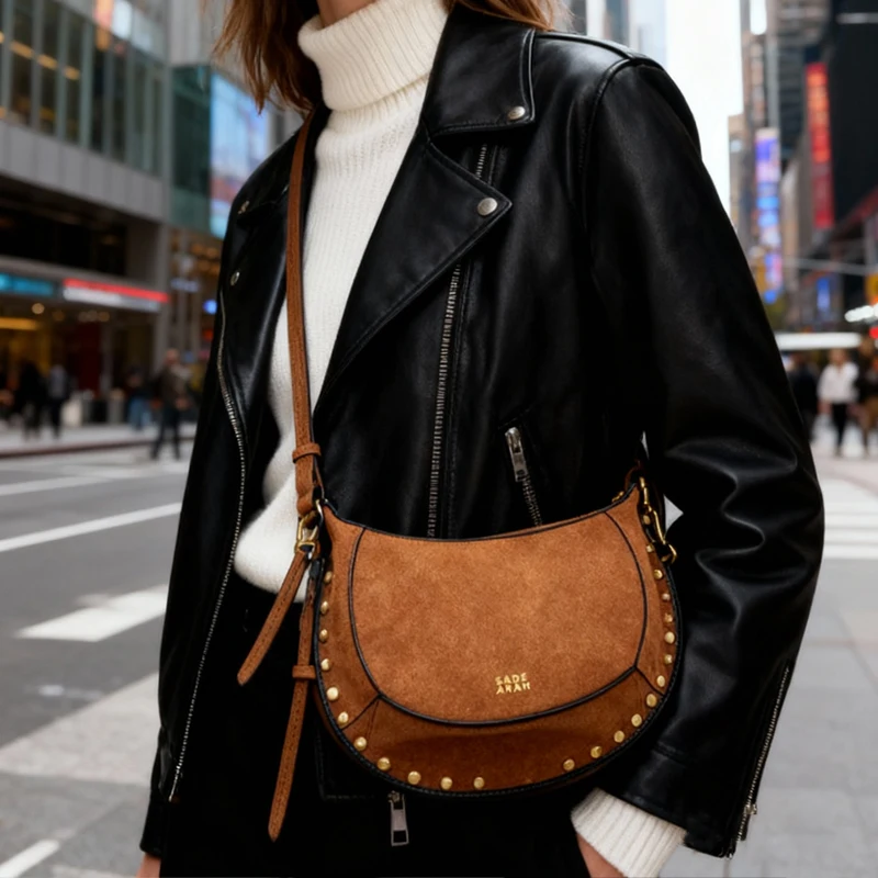 

Ретро-сумка в форме полумесяца, французский дизайн IS, сумка через плечо из натуральной кожи с заклепками для женщин, модная сумка