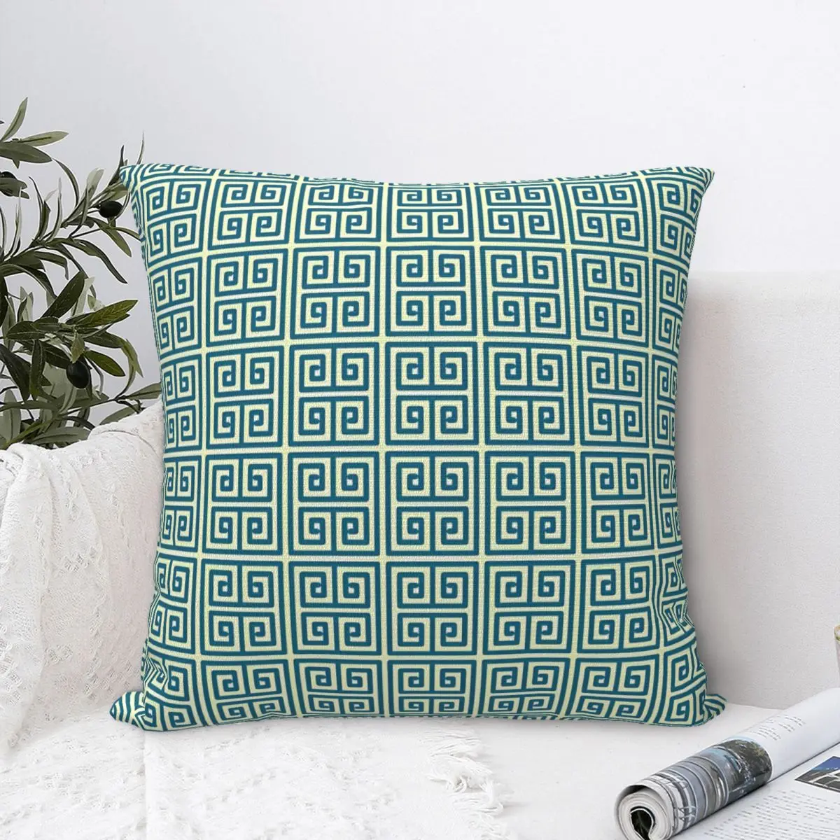 Teal Blue Hug Pillowcase Greek Key Ornament Meander Backpack Cojines Bedroom DIY Printed Office Coussin Covers Decorative