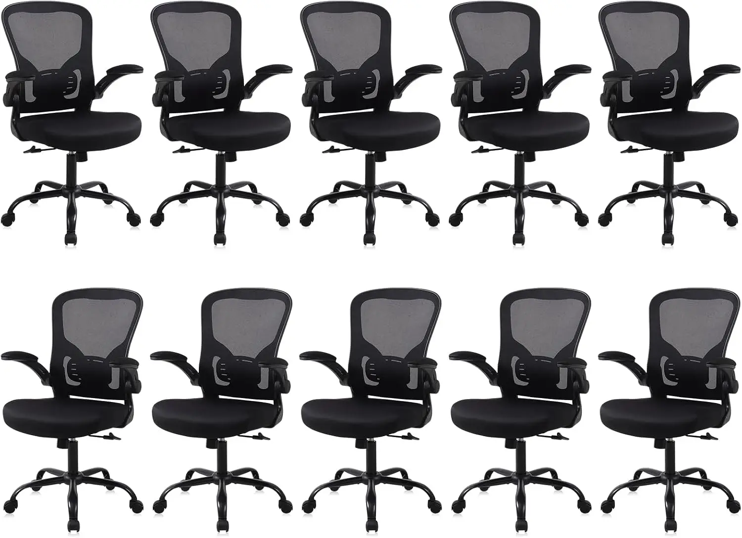 Mesh Office Chair, Ergonomic Computer Desk Chairs (Black, Set of 10) | Comfy/Comfortable Flip-up Arm Rests, Lumbar Support, Heig