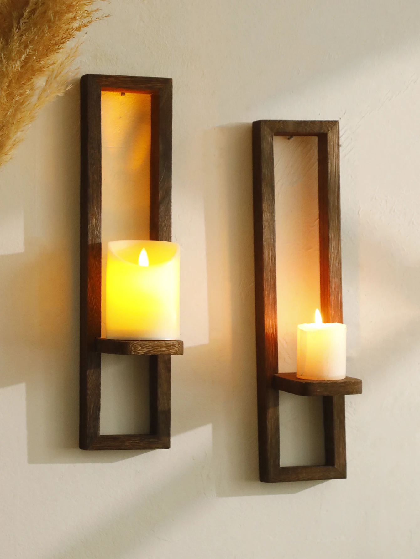 Wooden Candle Holders Charcoal Colored Wall Shelves Vertical Frame Decor Sconces Floating Shelf for Living Room, Bedroom & Party