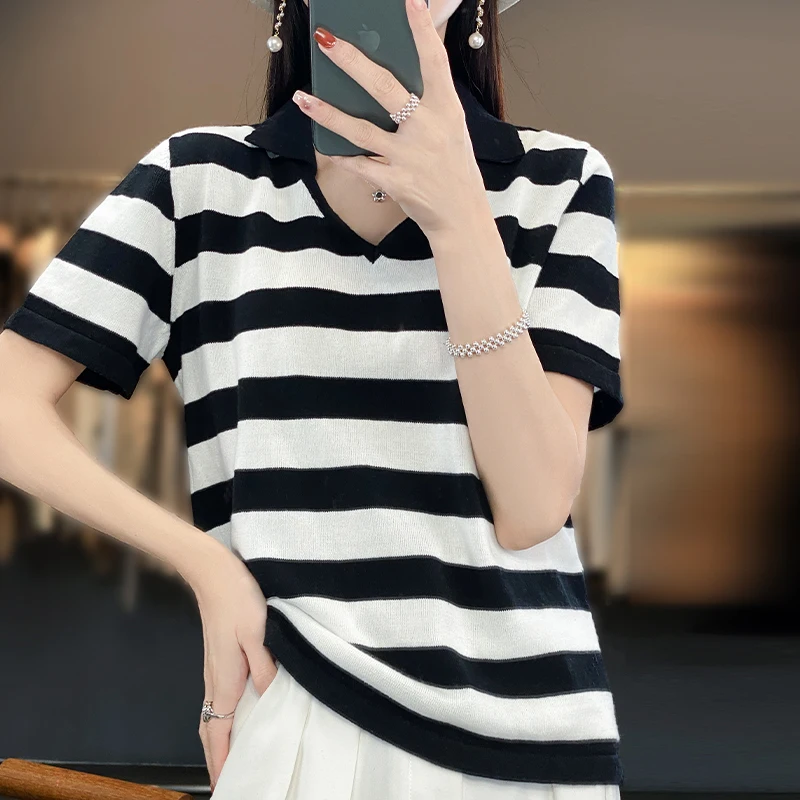 여성 순면 니트 티셔츠, 폴로 넥 반팔, V넥 스트라이프 배색 상의, 한국 패션, 디자인 느낌, 여름 신상