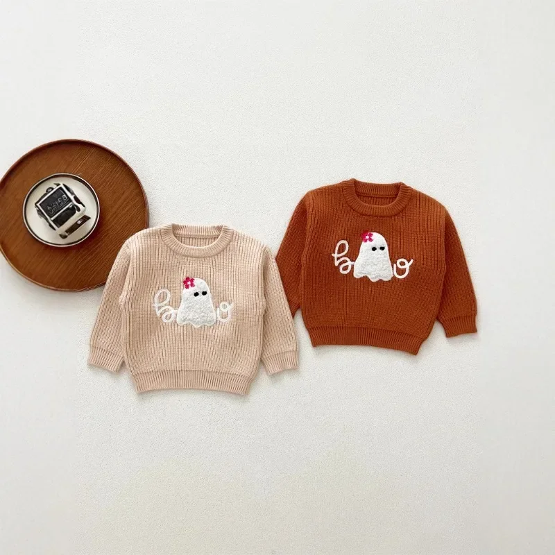 HoneyCherry Boys and Girls Baby Cartoon Halloween Ghost Embroidered Sweater Casual Knit Long Sleeve Top Girls Sweater