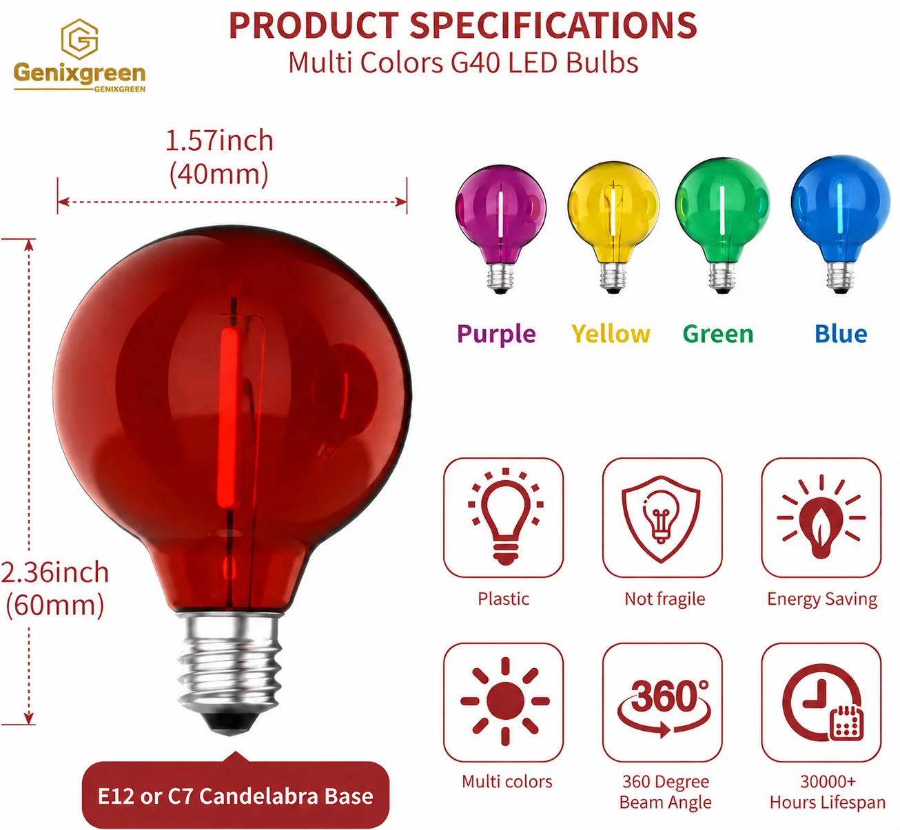 Christmas G40 Colored LED Bulbs 24V E12 Waterproof Plastic LED 1W Globe Replacement Bulbs for Outdoor Solar String Light Garden