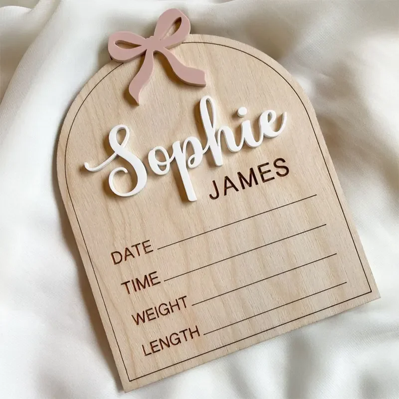 Custom Bow Birth Announcement Sign Pink Bow Girl Birth Newborn Statistics Engraved Baby Name Sign Arched Name Plaque