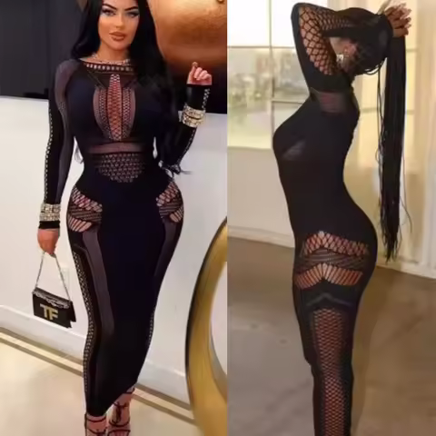 Dress Tight hollowed out embroidered long sleeved jumpsuit elegant art gallery Evening dresses dresses 2025 woman Summer dress