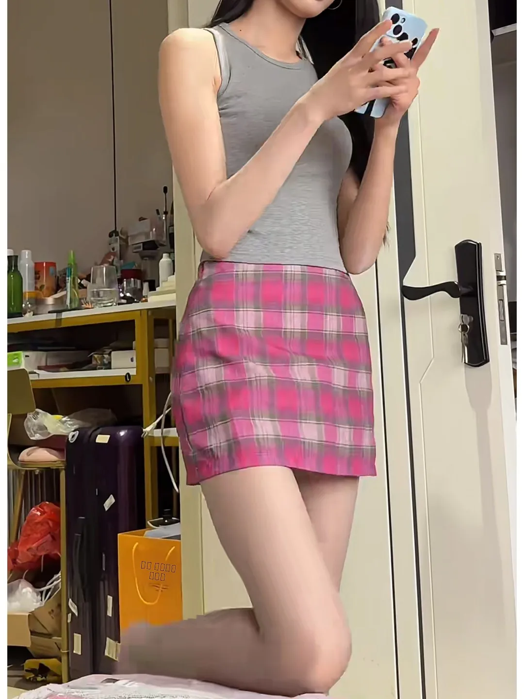 

Korean Sweet Girl Low Waist Plaid A-Line Skirt Women's Summer Slimming Hip Covering Anti-Light Versatile Bodycon ort S...