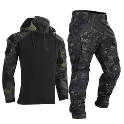 Airsoft Paintball, uniforme de trabajo, caza, senderismo, camisas de camuflaje de combate táctico con múltiples bolsillos, rodilleras de carga, pantalones, traje al aire libre