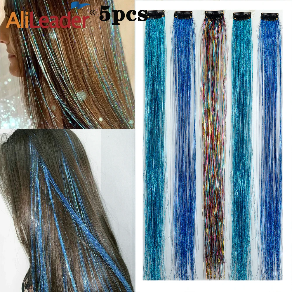 Clip On In Hair Extensions 5Pcs Colored Hair Streak Synthetic Hairpieces Clip In Hair Tinsel Fairy Hair Extensions Tinsel