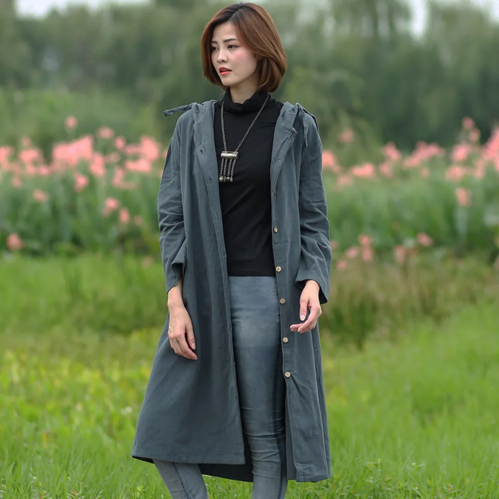 

Осенний женский плащ с капюшоном, длинная куртка в американском стиле, свободная одежда на пуговицах с длинными рукавами, удобная хлопково-льняная верхняя одежда для отдыха с карманами