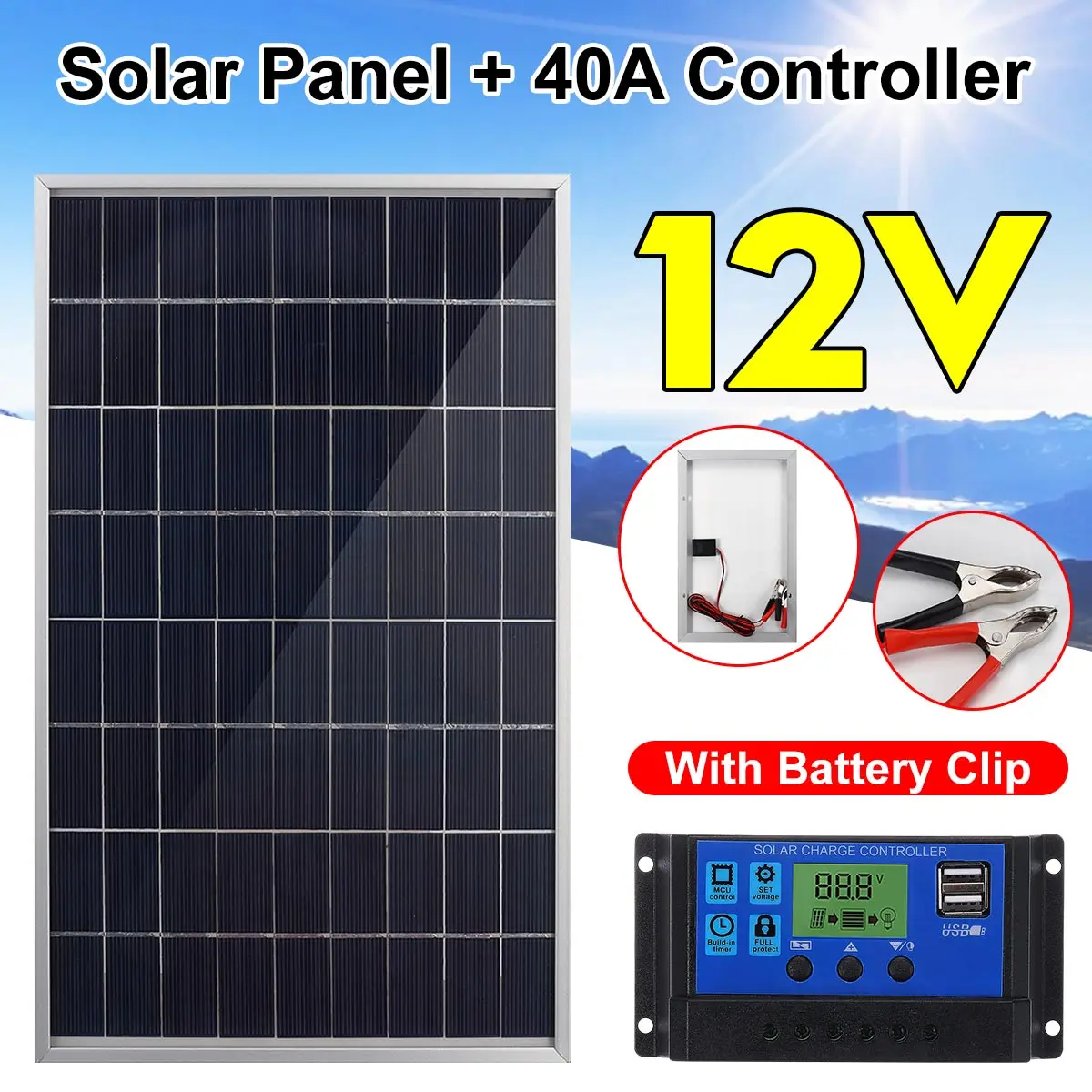 Rígida Kit de Painel Solar para Casa à Prova Impermeável Água Carga Monocrystalline 12v Bateria com 40a Controlador 3m Cabo 200w