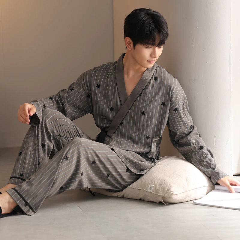 Autumn V-Neck Pyjamas Male Pajama Set Striped Geometry Star Print Japanese Kimonos For Men Big Yards 4XL Cotton Yukata Robes Set