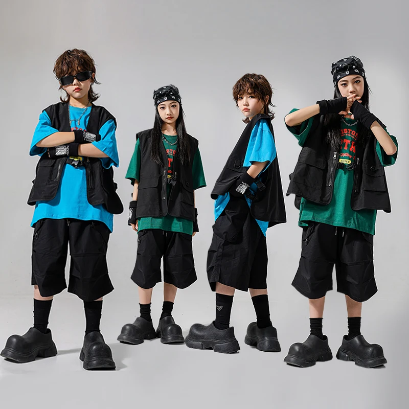 

Boys Streetwear Clothing Girls Hip Hop Solid Vest Tshirt Cargo Shorts Kids Street Dance Clothes Sets Children Jazz Cool Costumes