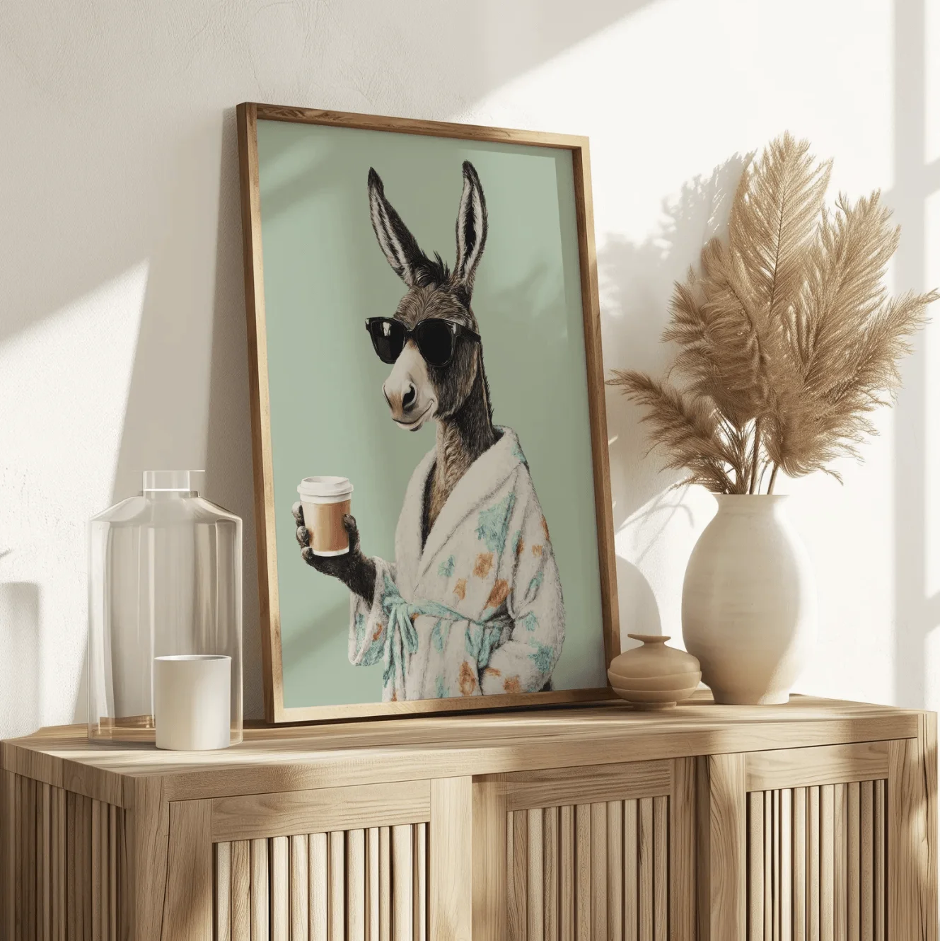 Cool Donkey Floral Bathrobe Coffee Canvas Wall Art Prints Decor, Animal Picture for Bathroom, Washroom, Bedroom, Cafe