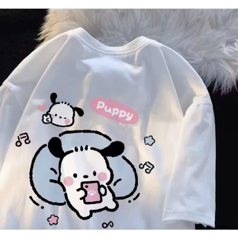 

New Sanrio Kawaii Pochacco Men's and Women's Cartoon Short Sleeve 100% Cotton T-Shirt Medium and Large Children's Chic Top Gift