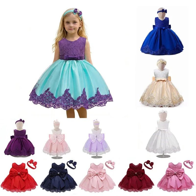 2026 New Red Lace Girls Princess Dress Big Rhinestone Bow Sleeveless Tulle Dress With Matching Headband Kids Flower Girl Wedding