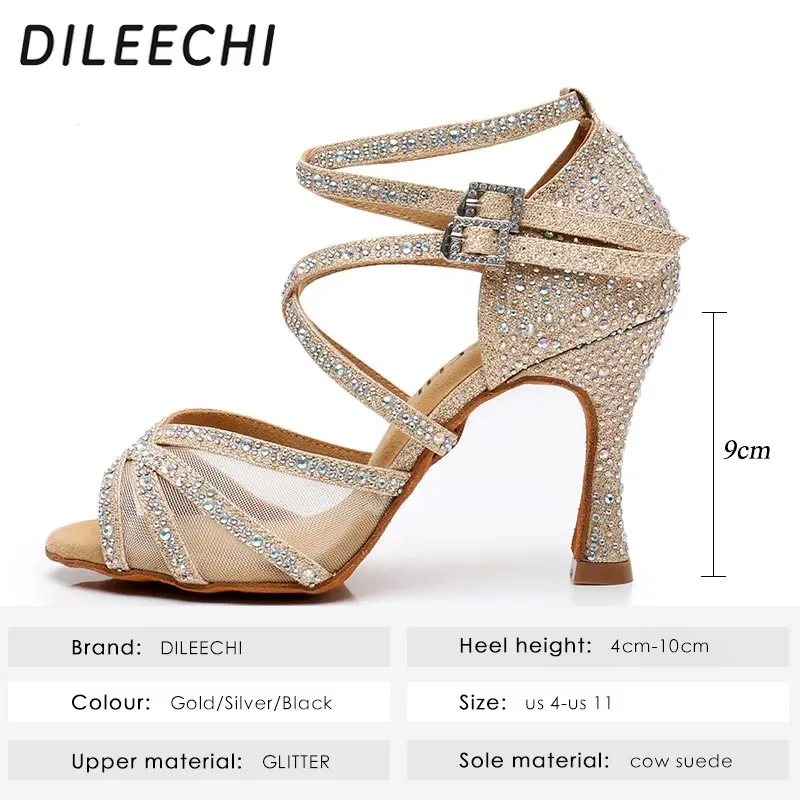 DILEECHI Latin Dance Shoes Women Gold Glitter Rhinestone With Net Salsa Party Wedding Cuba Heel 9cm Flash Ballroom Dancing Shoes